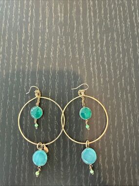 Gold Hoop Earrings with Teal and blue Gemstones